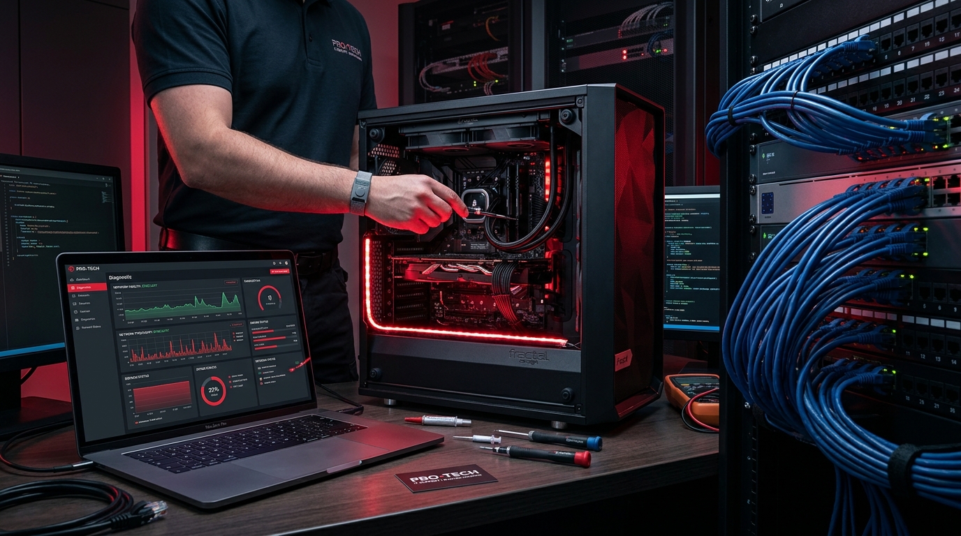 Especialista de IOSoluciones realizando mantenimiento técnico preventivo y diagnóstico de hardware y red